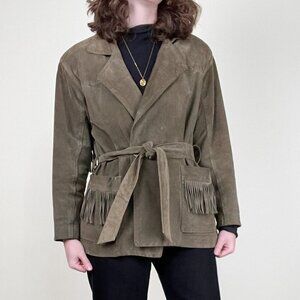 Vintage Suede Leather Jacket Fringe Coat Oversized Western Hippie Country Cowboy